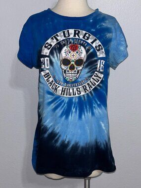 Sturgis 2016 Black Hills Rally 76th Annual Tie Dye Sugar-Skull Tee Blue Womens M